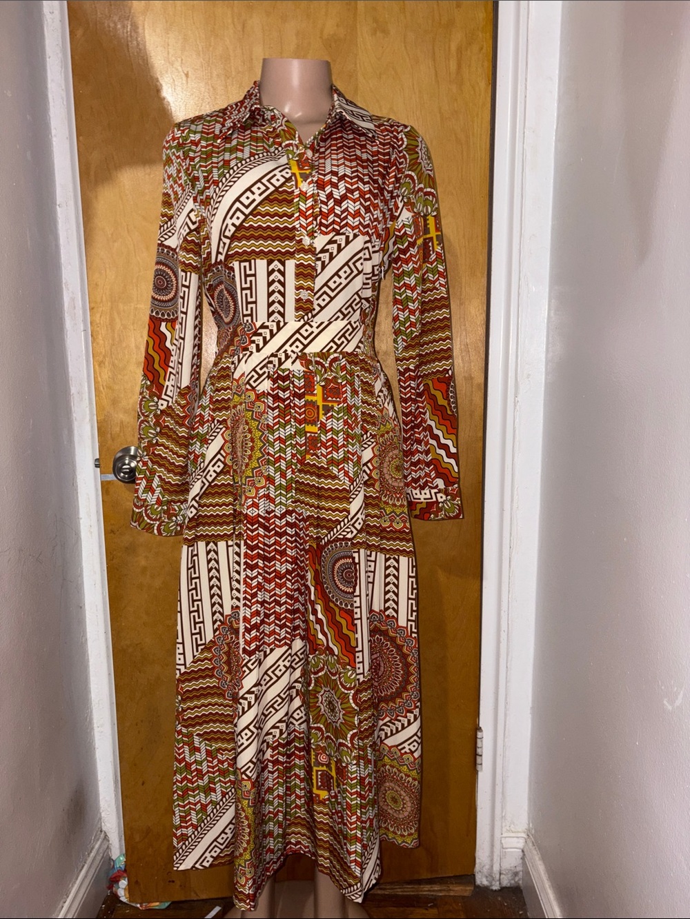 Gracia Multi-Pattern Long Sleeve Shirt Dress in Brown, Cream & Green